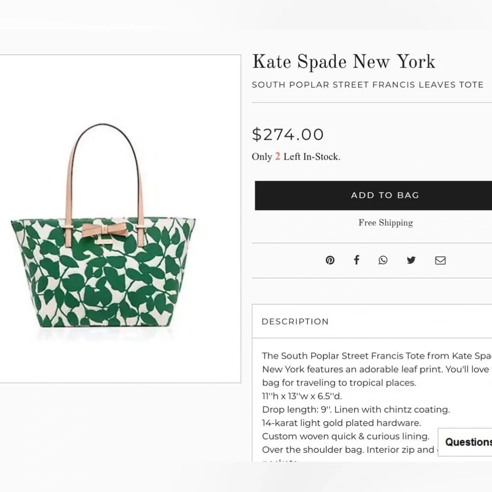 kate spade Cream Tote with Green Leaf Print and Blush Handles